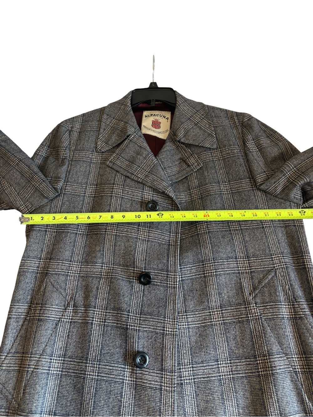 70s Vtg Plaid OverCoat Mens ALPACUNA Famous-Barr Alpaca Wool Blend Approx 46R - Picture 12 of 12